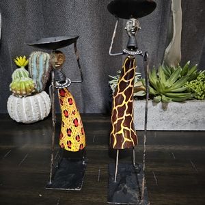 Two African figurines/Long neck women/candle holders/Hand made/Colorful